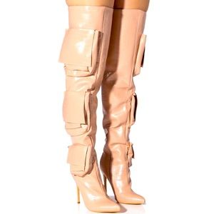 Nude Crocodile Leather Over The Knee Cargo Boot